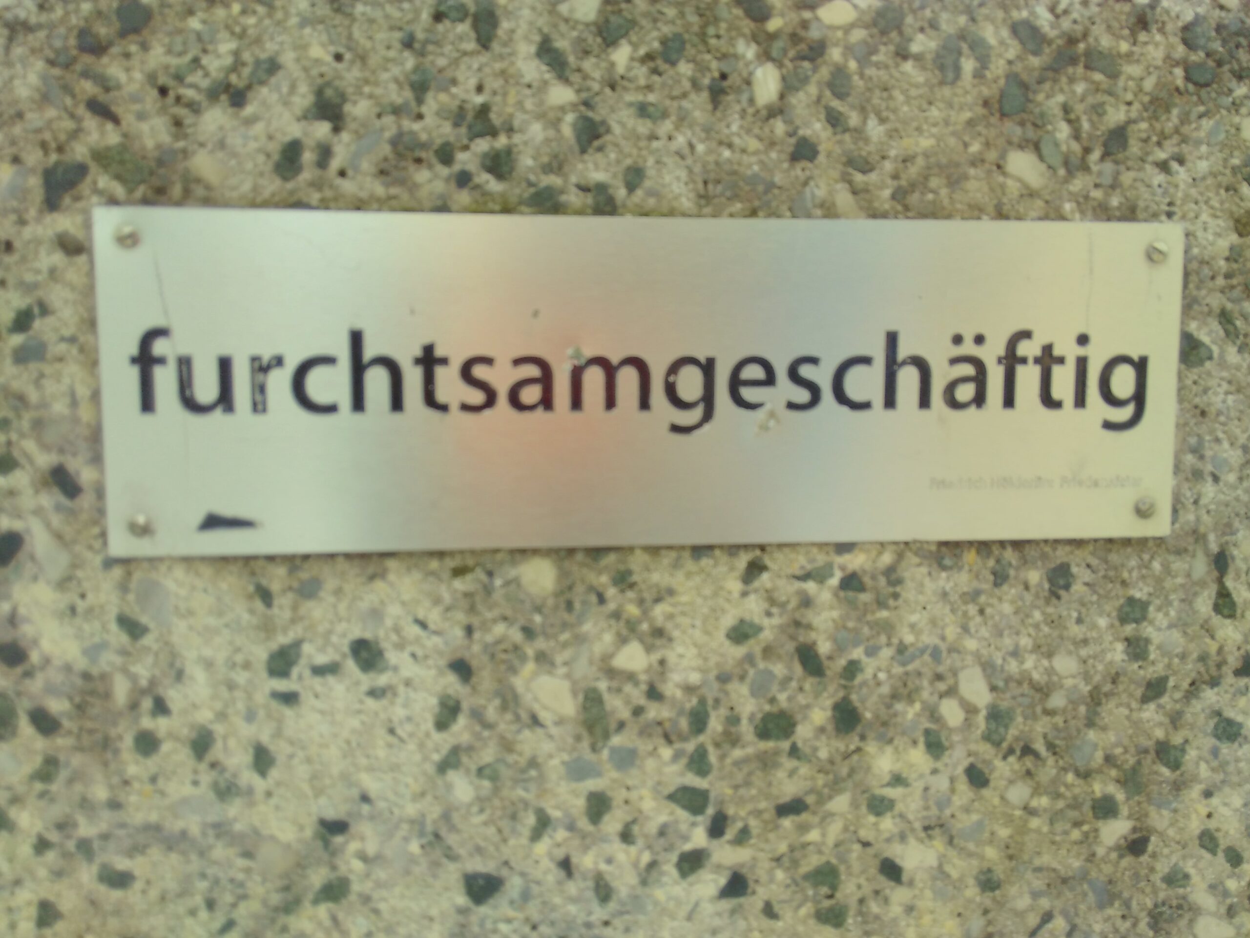Edelstahlplatte an Betonmauer mit dem Schriftzug "furchtsamgeschäftig"