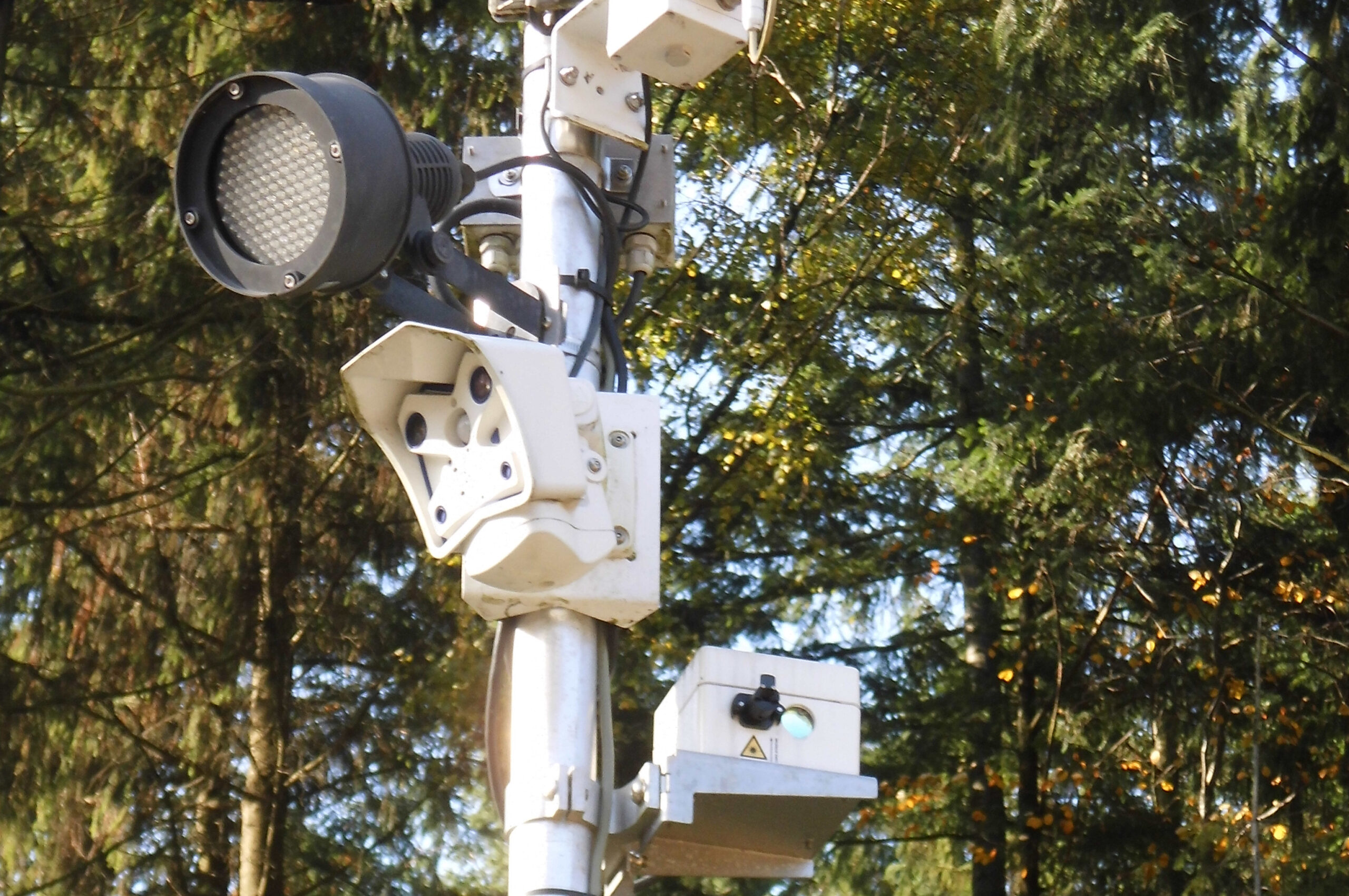 Kameras an einem Metallmast im Wald
